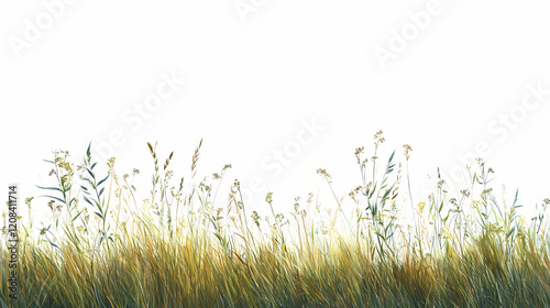 Fresh spring green big bluestem grass panorama isolated on white background. Wild Prairie. Illustration