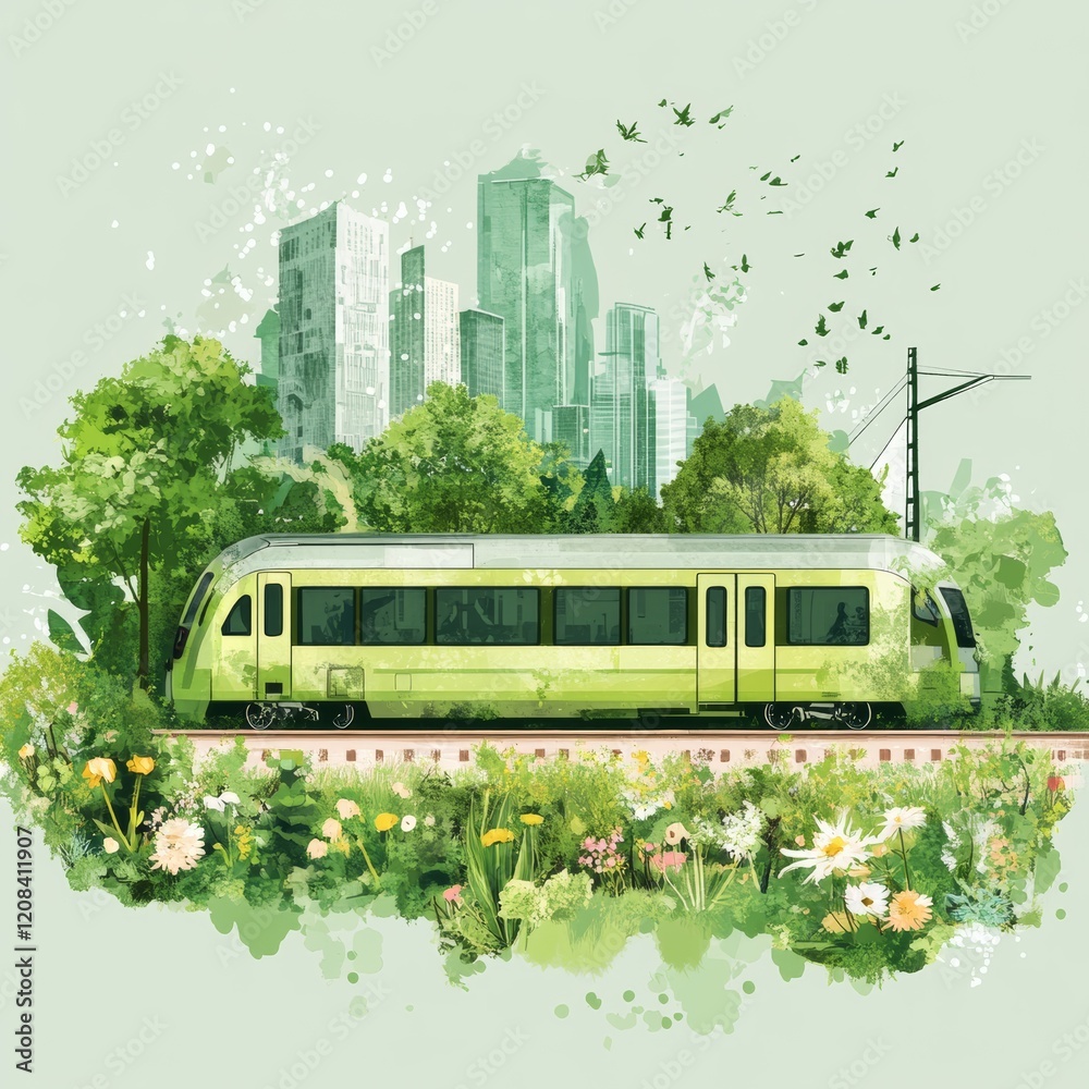 Obraz premium green mobility, mobility and ecology, train, iilustration 