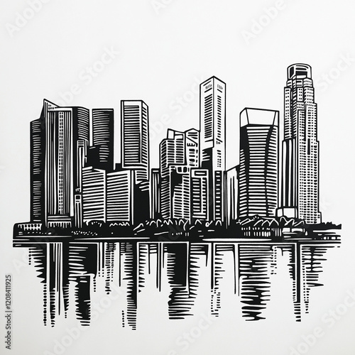 Black and White Block Print Skyline of Singapore in Simple Linework