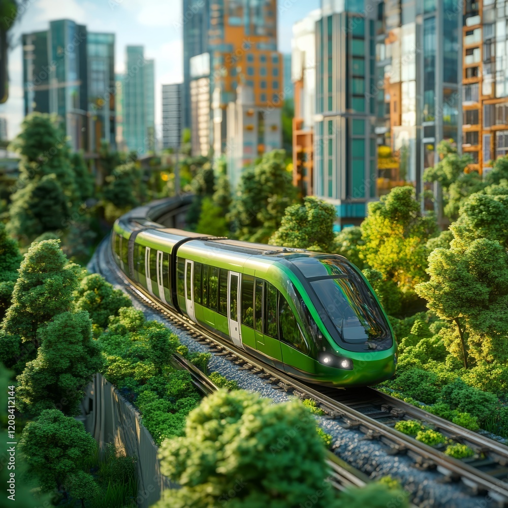 Obraz premium green city 3d realistic view with the express train 