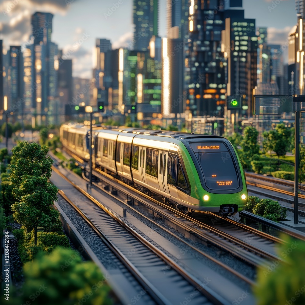 Obraz premium green city 3d realistic view with the express train 