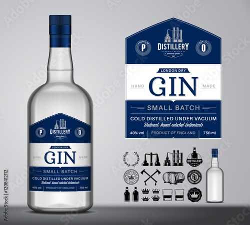 Vector london dry gin label template and glass bottle mockup. Gin and distilling business branding and identity design elements