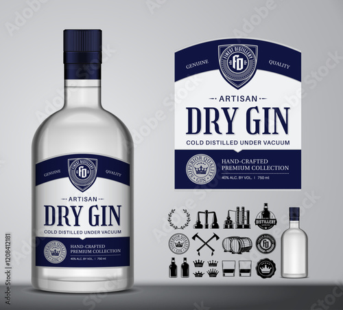 Vector gin label template and glass bottle mockup. Gin and distilling business branding and identity design elements