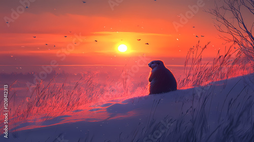 Groundhog watching the sunset in a snowy field nature scene winter landscape tranquil environment animal behavior. Wild Prairie. Illustration photo