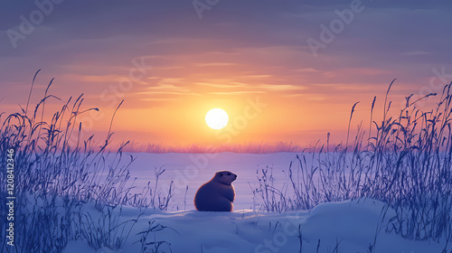 Groundhog watching the sunset in a snowy field nature scene winter landscape tranquil environment animal behavior. Wild Prairie. Illustration photo