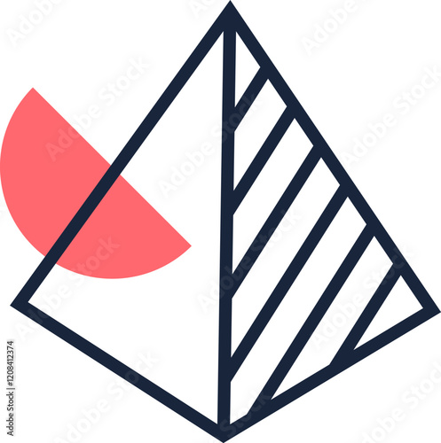 Abstract geometric composition featuring a striped pyramid intersecting a semicircle, creating a visually striking design with contrasting shapes and lines