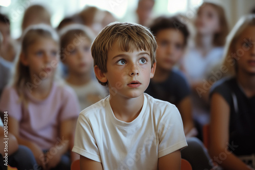 School children listening to a safety briefing at a physical education lesson or summer sport camp.