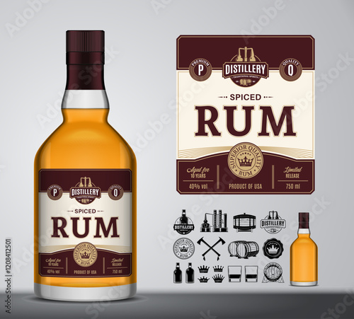 Vector spiced rum label template. Rum glass bottle mockup. Distilling industry branding and identity design elements
