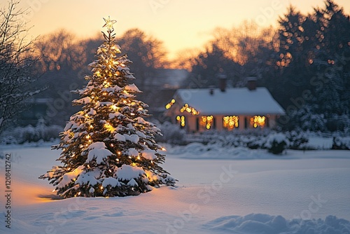A beautifully lit Christmas tree standing tall in the snowy landscape