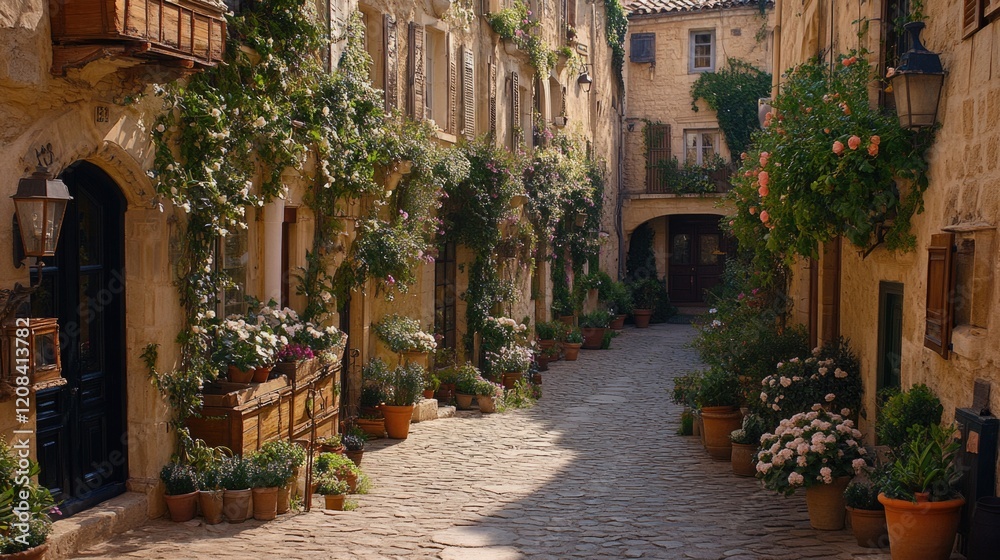 Fototapeta premium Charming european village alley with flowering facades and cobblestone pathway