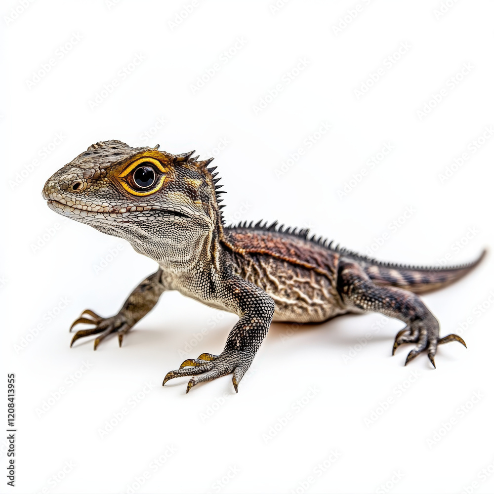 Naklejka premium Juvenile lizard, striking scales, yellow eyes, isolated.