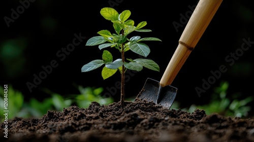 Young tree seedling in freshly tilled soil with shovel in garden photo