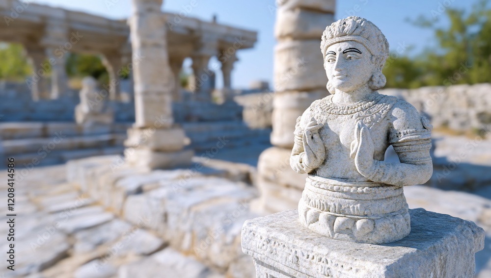 Fototapeta premium Ancient stone statue, temple ruins background, sunny day, historical site, travel