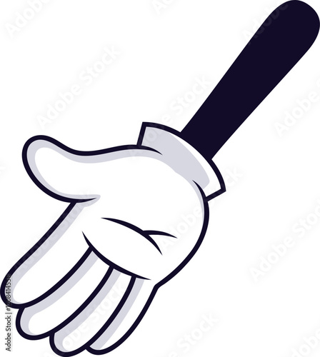 Cartoon hand wearing a white glove from the wrist down is reaching down, with fingers slightly spread apart, and arm extending upwards at an angle