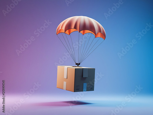 3d Cardboard box with flying parachute icon. Minimal Parcel box or shipment package with hot air balloon. Cargo delivery service, Online Shopping concept on isolated blue purple background. 3d render