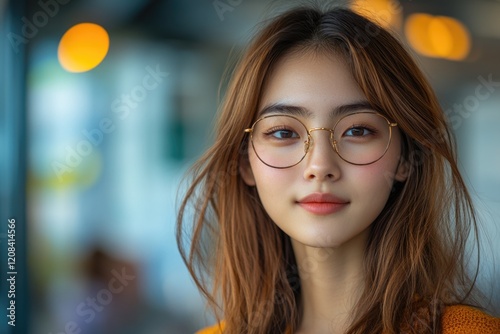 A woman with glasses looks directly at the camera, giving a sense of direct address