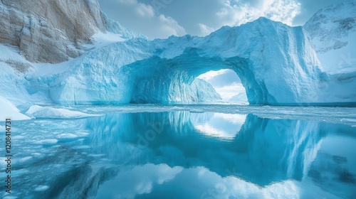 environmental portrait showing melting glaciers dramatic lighting pristine ice formations reflective pools climate narrative photo