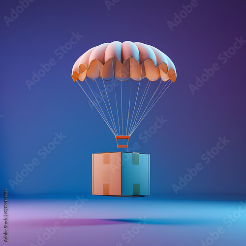 3d Cardboard box with flying parachute icon. Minimal Parcel box or shipment package with hot air balloon. Cargo delivery service, Online Shopping concept on isolated blue purple background. 3d render