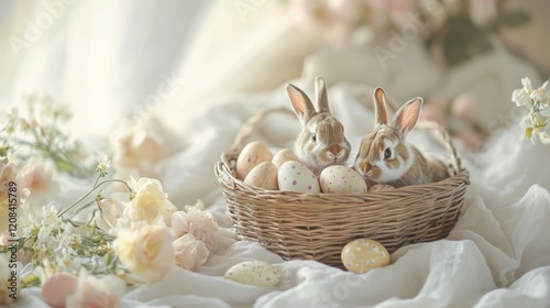 Two cute bunnies in a basket with easter eggs and flowers
