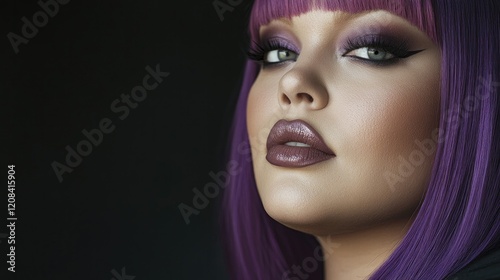 Striking portrait featuring bold purple hair and dramatic makeup