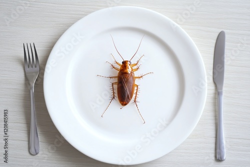 Cockroach on surfaces, food crumbs, and near water, symbolizing infestation and hygiene issues. photo