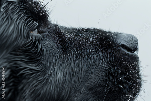 animal close-up shot, black dogs nose in close up against a pure white background, capturing unparalleled realism with a red weapon k camera and mm arri master prime lens photo