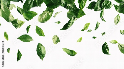 Fresh Basil Leaves Flying Isolated on White Background photo