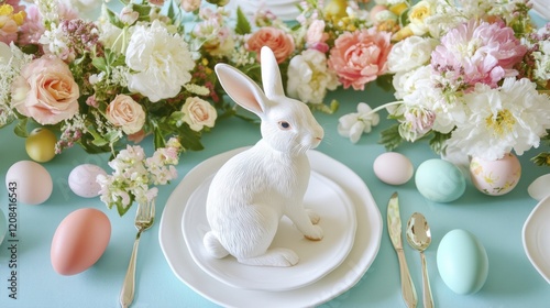 Elegant easter table setting with ceramic bunny and colorful eggs