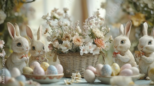 Whimsical spring scene with decorative rabbits and delicate floral arrangement
