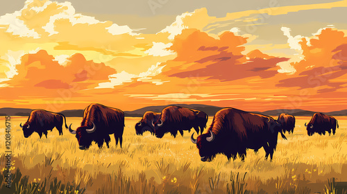 A herd of buffalo grazing on a prairie. Wild Prairie. Illustration