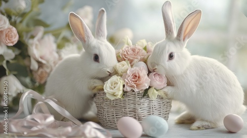 White rabbits with floral basket and pastel easter eggs