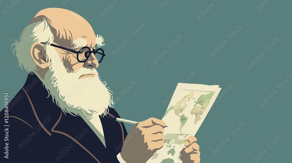 Charles Darwin with Galapagos Island Map Flat Vector Illustration