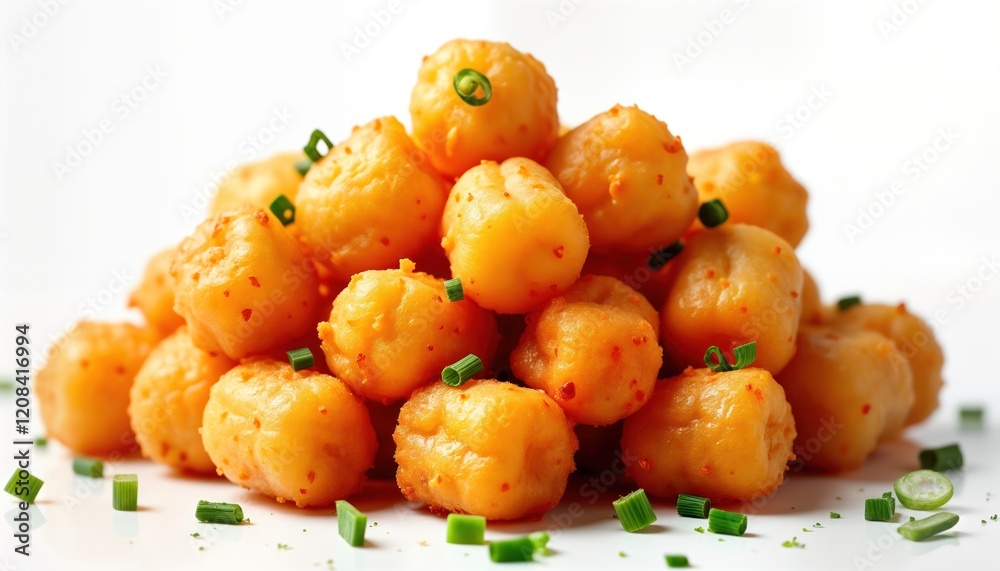 Crispy golden tater tots piled high on white background. Sprinkled with chopped green onions. Delicious looking fried potatoes perfect for snack meal. Appetizing food for restaurants, cafes, takeaway