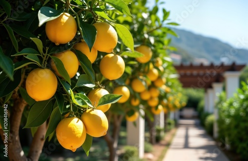 Lemon trees laden with ripe fruit grow in sunny garden on Amalfi Coast of Italy. Rich green foliage surrounds trees creating vibrant mediterranean atmosphere. Rows of lemon trees arranged in pathway. photo