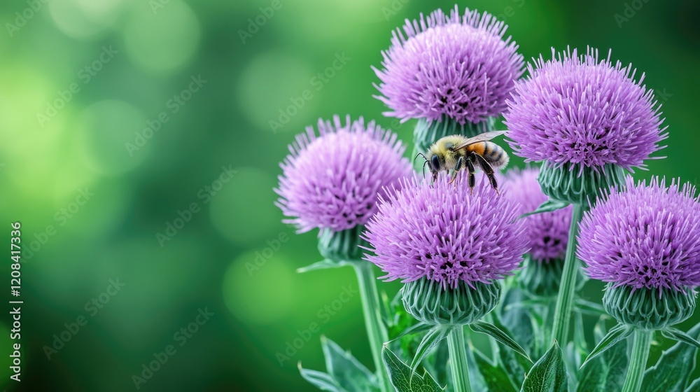 Bee pollinating purple thistle flowers in vibrant green garden setting Bee pollinating purple thistle flowers in vibrant green garden setting