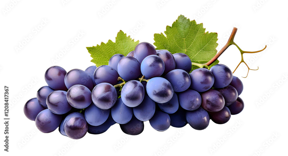 Fototapeta premium Dark Purple Grapes: A lush bunch of dark purple grapes, plump and juicy, sits on a vine with vibrant green leaves, capturing the essence of freshness and natural sweetness.