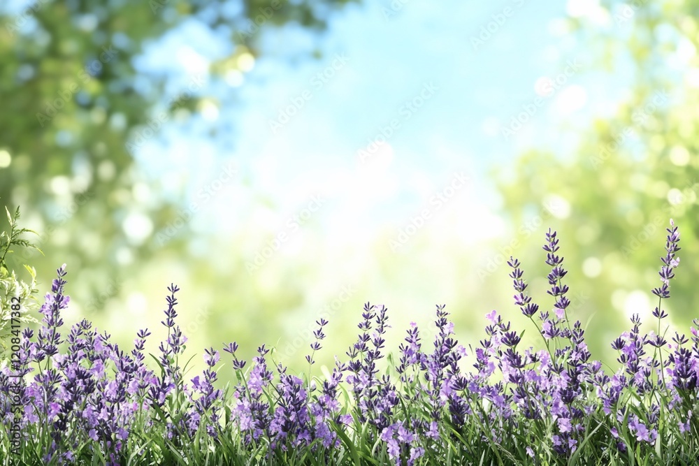 Naklejka premium Lavender flowers, sunny garden, bokeh background, nature scene, spring card
