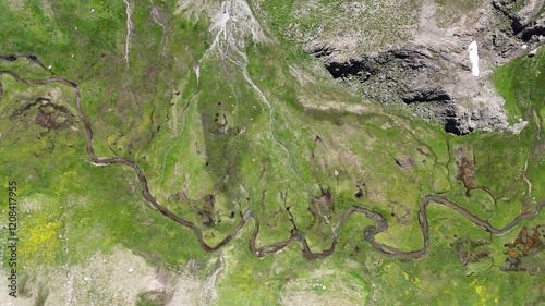 An aerial view of winding streams flowing through lush green meadows in a high-altitude landscape, showcasing the pristine beauty and tranquility of untouched nature photo