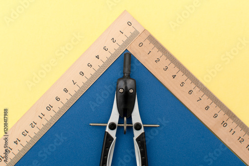 Circinus, compasses and wooden measuring rulers photo