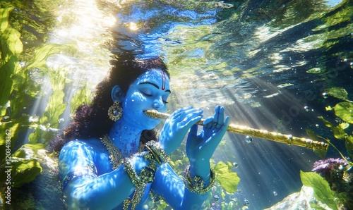 Underwater Krishna plays flute, serene aquatic scene, spiritual art photo