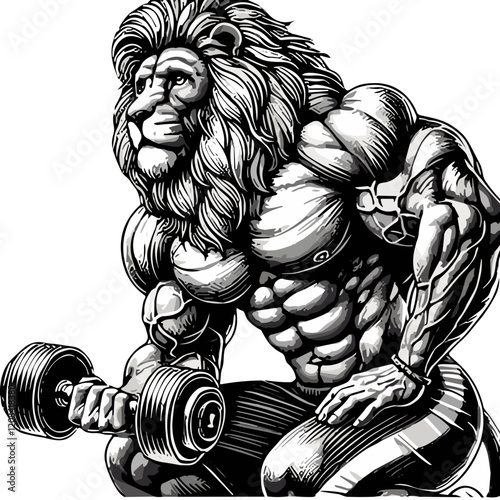 Bodybuilder lion kneeling with dumbbell in a powerful and artistic style