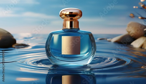 A luxury rounded blue glass perfume bottle mockup with a blank golden label resting on a water surface, creating an elegant and sophisticated look.