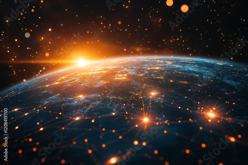 Futuristic Global Network with Digital Connections and Glowing Data Points in a Tech-Inspired Abstract Earth Design