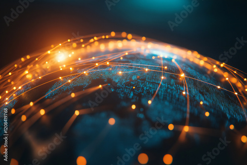 Futuristic Global Network with Digital Connections and Glowing Data Points in a Tech-Inspired Abstract Earth Design