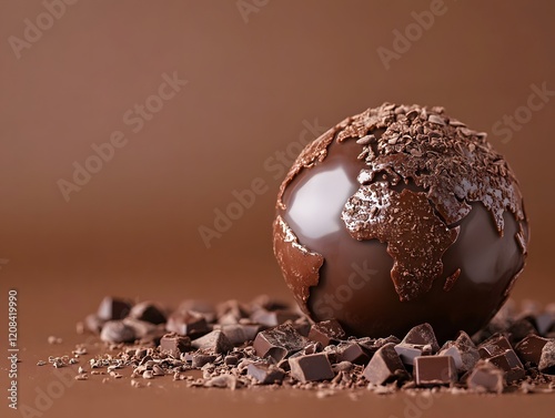 An earth globe made of chocolate on brown background, representing the celebration of World Chocolate Day.