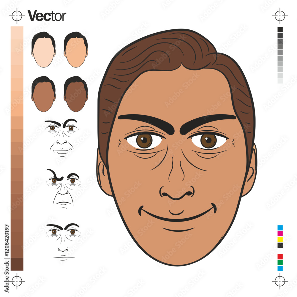 Rosto de homem com muitos tons de pele e com 03 faces com expressões diferentes