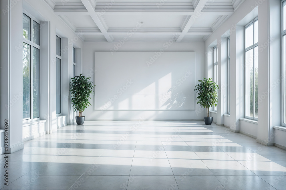 A white, spacious office interior with an open layout and a blank wall for mock-up presentations