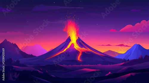 Fiery evolution of the prehistoric world - ing of volcanic eruption transforming landscape with copy space for text in. Fiery Volcano. Illustration photo