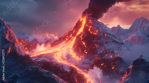 Magnificent volcano erupting in a stunning display of force and beauty, erupting with fiery lava and smoke. Fiery Volcano. Illustration