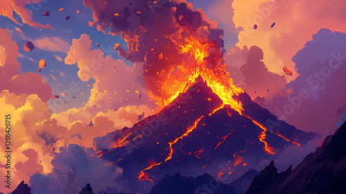 Magnificent volcano erupting in a stunning display of force and beauty, erupting with fiery lava and smoke. Fiery Volcano. Illustration